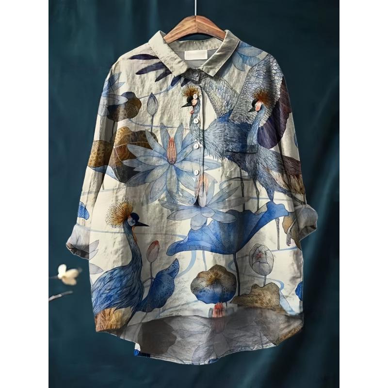2026 Women s Plus Size Ethnic Print Retro Loose Long Sleeve Lapel Shirt 2XL