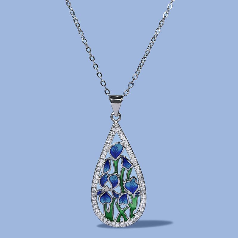925 Fashion Blue Flower Ladies Pendant Necklace Handmade Enamel Jewelry Wedding Birthday Party Pendant Necklace Women's