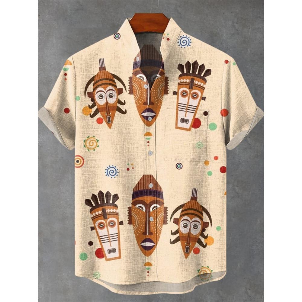 Nuova Camicia da Uomo a Maniche Corte Stile Etnico Vintage Stampa Artistica di Pavone Geometrica 3D Camicia Casual in Lino