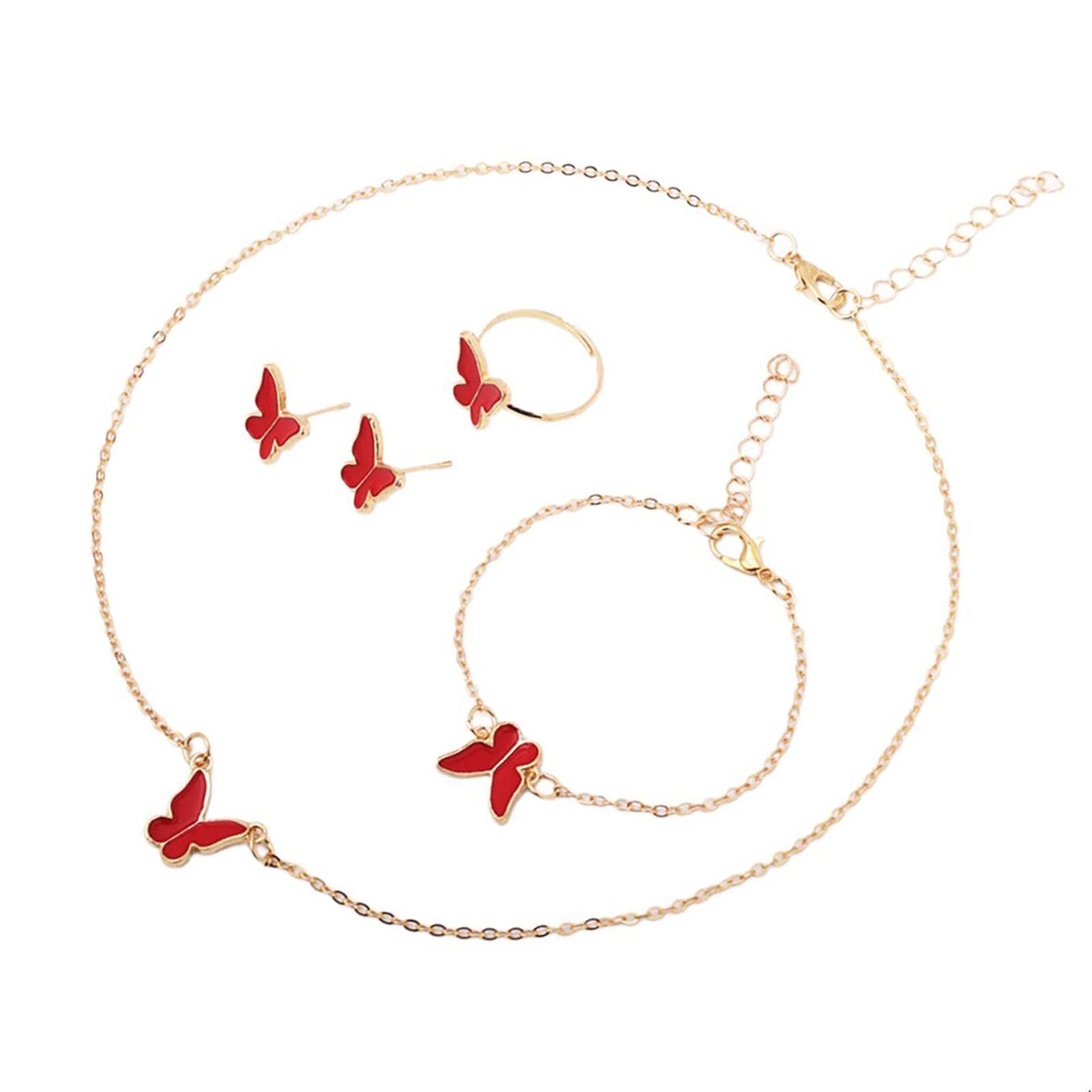 

4Pcs Necklace with Earrings & Bracelet & Ring Enamel Charm Neck Chain Fashionable Butterfly Jewelry Set for Lady Girls красный