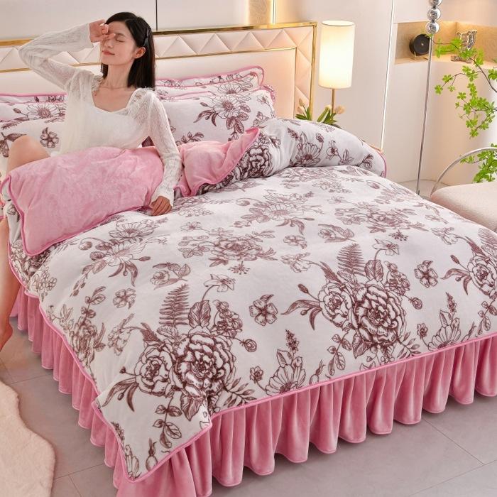 Thickened Milk Fleece Four-Piece Coral Fleece Quilt Cover, Bed Sheet Fleece Double-Sided Fleece Flannel Bedding, Bed Skirt
