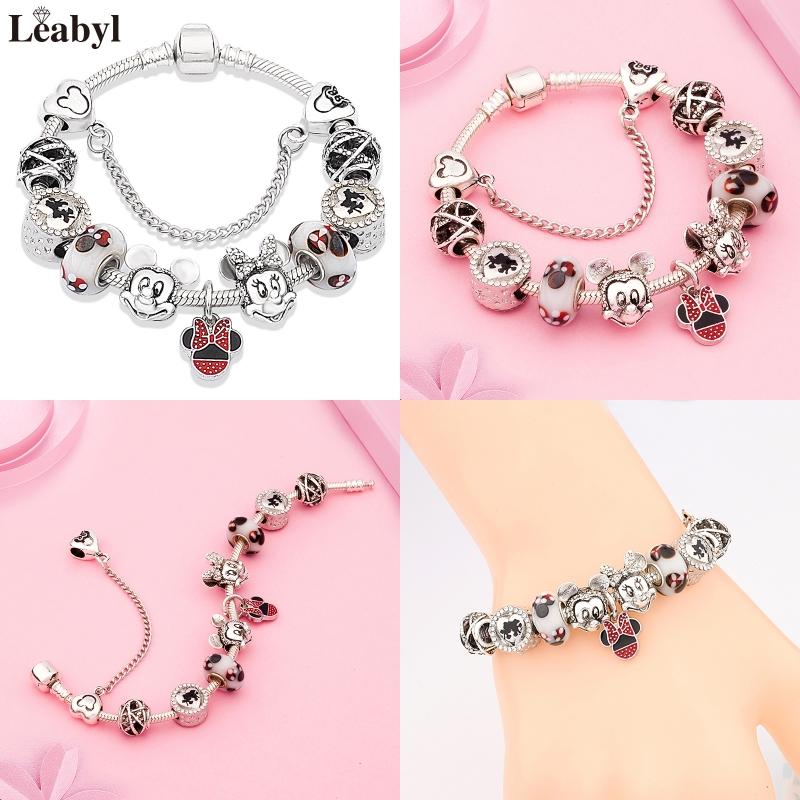 Potdemiel Pink Enamel Crystal Minnie Charm Bracelets Silver Color Heart Cartoon Bead Jewelry for Women Girl Gift