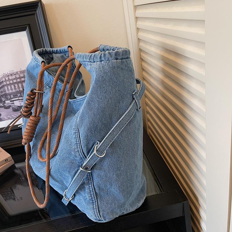 Denim Hobo Tas met Gevlochten Touw Handvat Stijlvolle Dames Schoudertas voor Casual Kleding en Stranduitjes