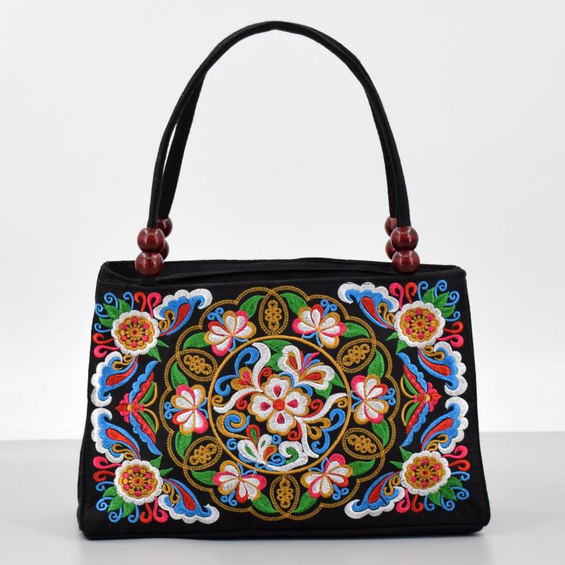 

Ethnic style double-sided embroidered handbag, wooden bead accessories, double-layer zipper portable canvas bag 27*10*18cm
