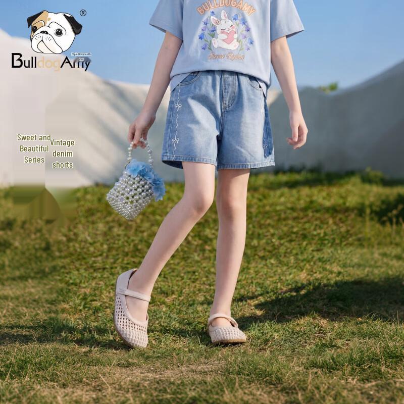 CHANZUIGOU Girls  Retro Bow Pearl Denim Shorts 160 cm