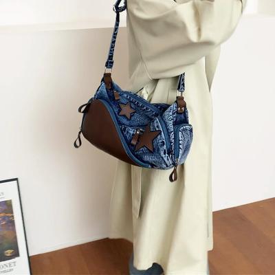 Damen-Umhängetasche Damen Große Kapazität Denim Schulter-Crossbody-Tasche Freizeit-Pendler-Handtasche Sternen-Tote-Bag