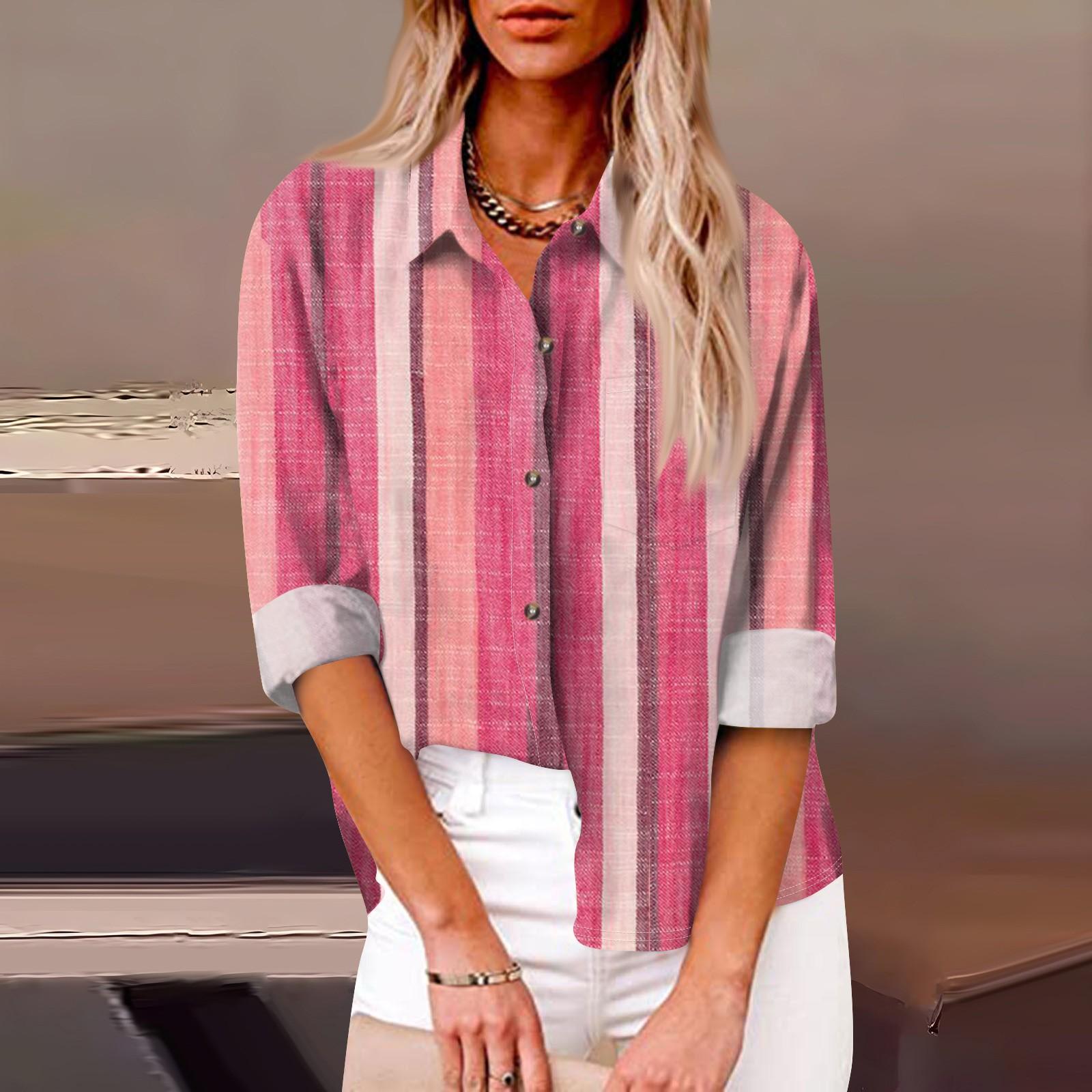 

Женская свободная повседневная рубашка на пуговицах с длинными рукавами и лацканами, полосатый клетчатый принт и карманный кардиган XL розовый