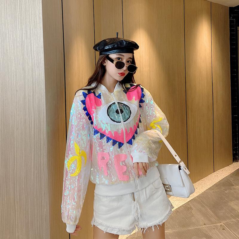 2025 European Station Sequined Eye Stand Collar Long Sleeve Jacket for Women
