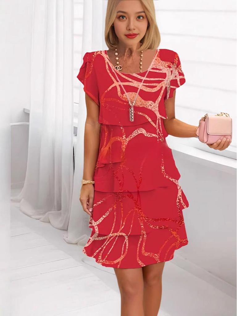 2025 European & American 3D Print Short Sleeve Round Neck Cake Dress for Spring/Summer