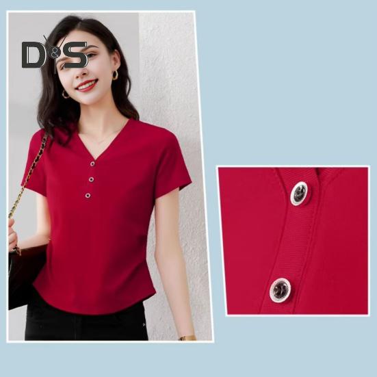 Damen T-Shirt mit V-Ausschnitt und Knöpfen, kurzärmelig, schmale Passform, weich, elastisch, Pullover, Oberteile für den Pendlerstil