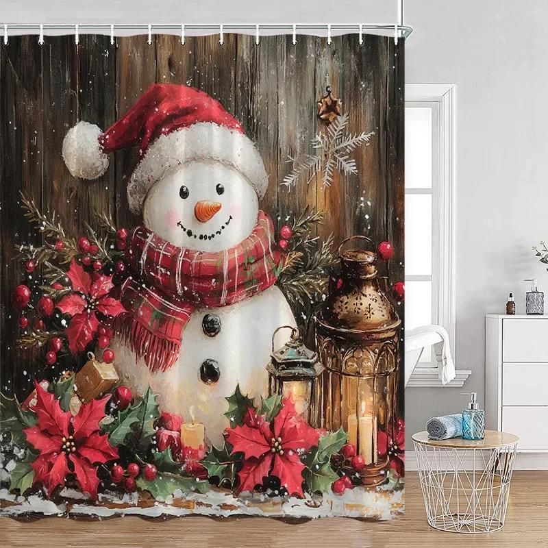 

Pink Christmas Snowman Shower Curtains Winter Forest Watercolour Art Xmas New Year Home Bathroom Curtain Decoration With Hooks W90XH180cm