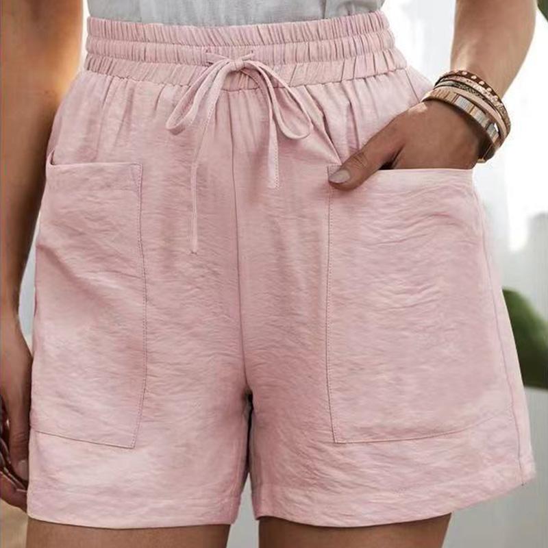 ABABC Womens Cotton Linen Solid Color Drawstring Shorts High Waist Pocketed Shorts Pants Summer Casual Beach Shorts