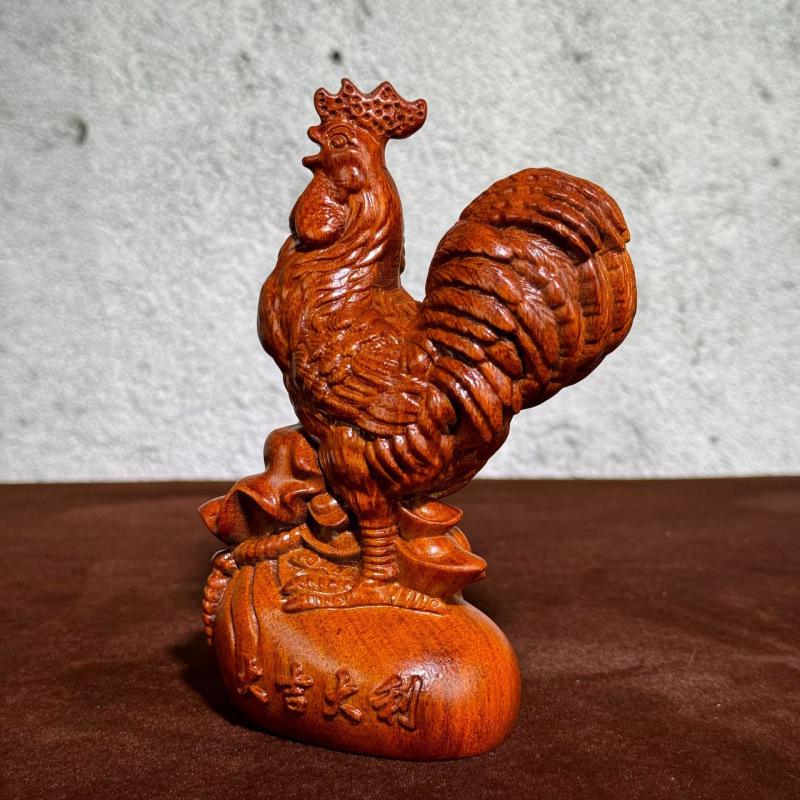 Handcrafted Ebony Rooster Ornament for Prosperity - Solid Wood Zodiac Décor
