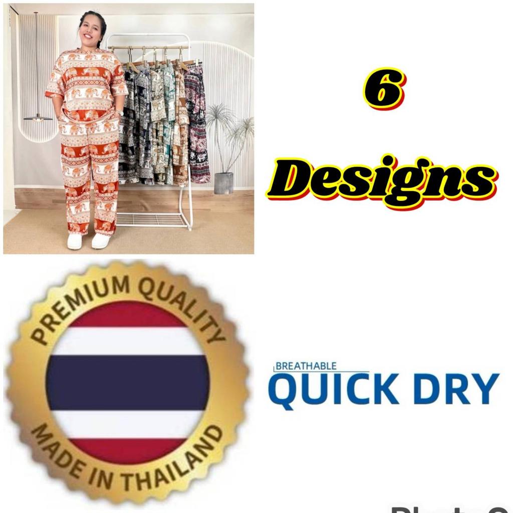 Słoniowe Spodnie Koszula Zestaw Okrągły Dekolt Krótki Top Krótki Rękaw Regulowany Elastyczny Pas Pasek Kobiety Nadruk Tajlandia Casualowy Bohemski Retro Vintage