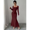 Elegant Sexy Long Sleeved Fishtail Dress Tight Fit Spring Pleated Square Collar Solid Color Party Maxi Long Dresses Evening Spring Bodycon Dress