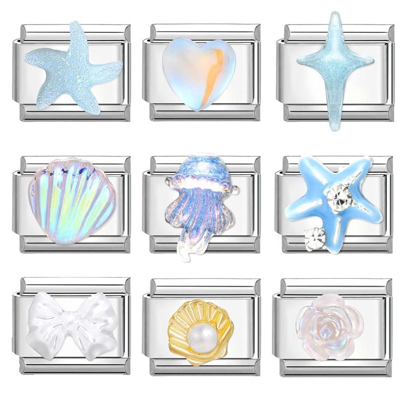 Fashion Starfish Sea Shell Whale Jellyfish Blue Italian Charm Links Fit 9mm Stainless Steel Bracelet Women Jewelry DIY Making