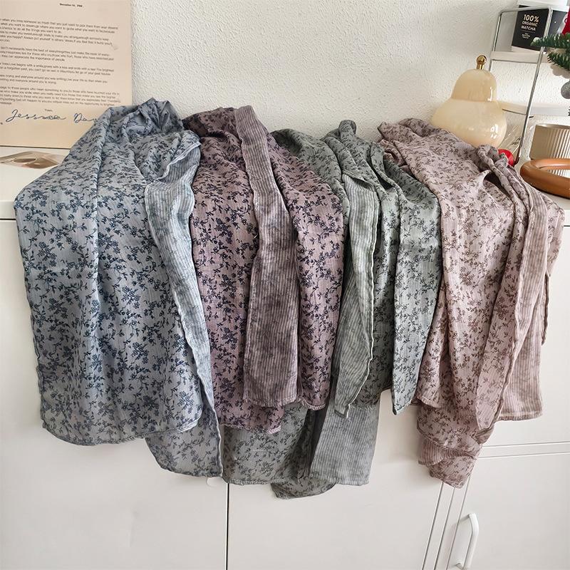 Autumn and Winter Floral Scarf Korean Version Cotton and Linen Scarf Women's Breathable Shawl Artistic Retro