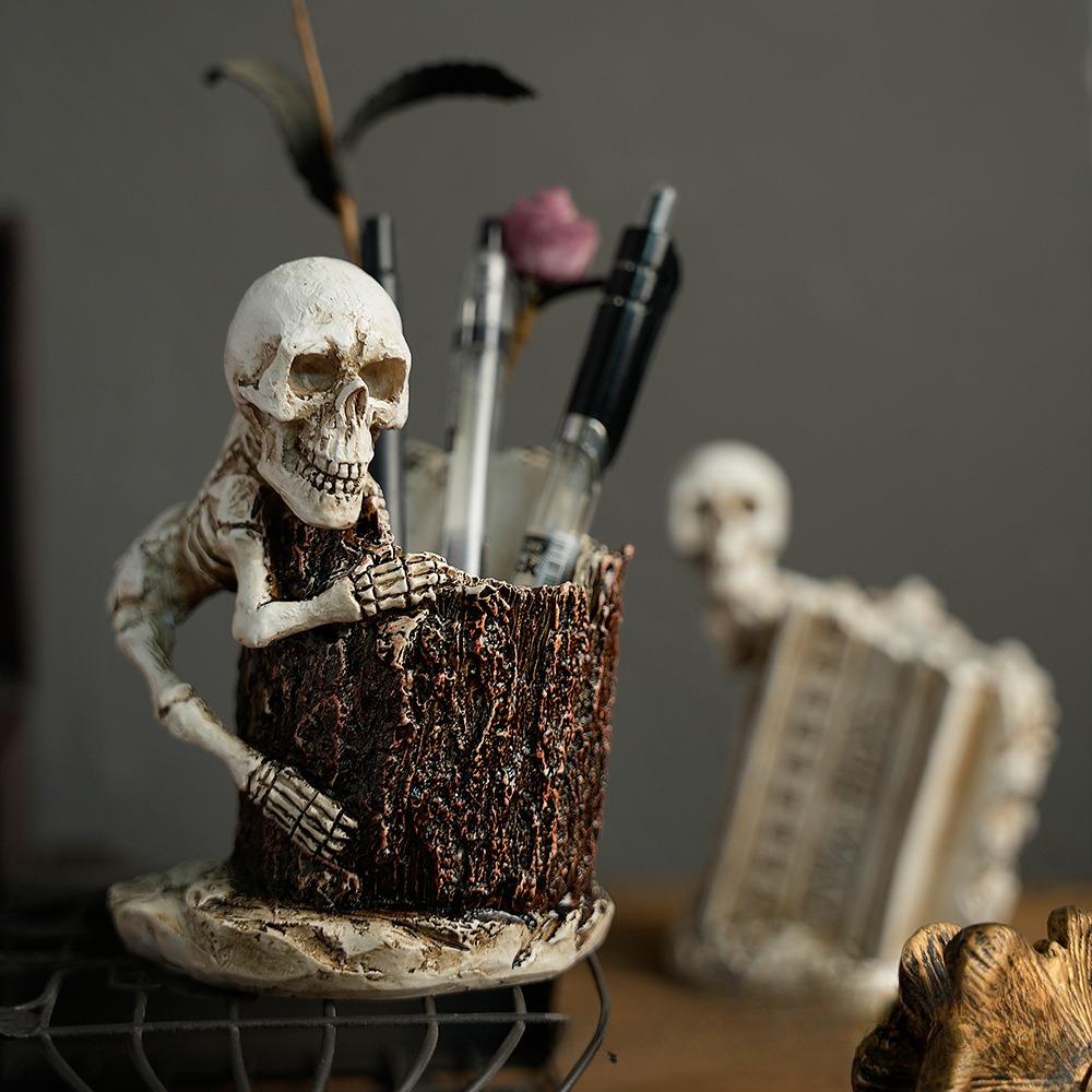 Halloween Decoration Skull Pen Makeup Brush Holder Creative Skeleton Toothbrush Flower Vase Home Office Desk Storage Box Ornamen
