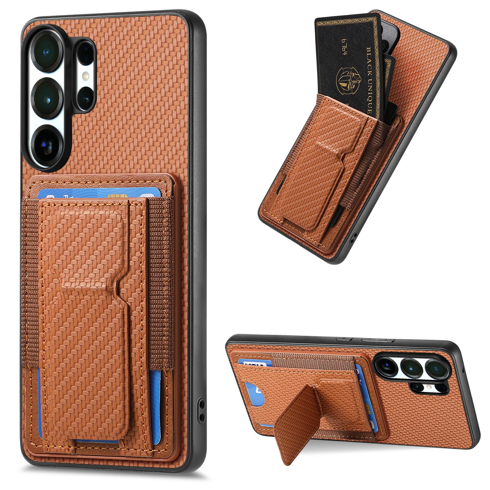 

Luxury Carbon Fiber Pattern Vertical Card Solt Holder Wallet Leather Case For Samsung S25 Ultra S24 Plus S23 A17 A07 Stand Cover Galaxy S23+ світло-коричневого кольору