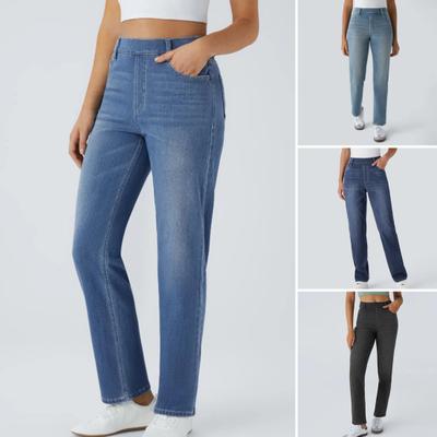 Women's Straight Leg Jeans Pull-On High Waisted Cropped Denim Pants Stretchy Ankle Jeans for Daily Wear Outings