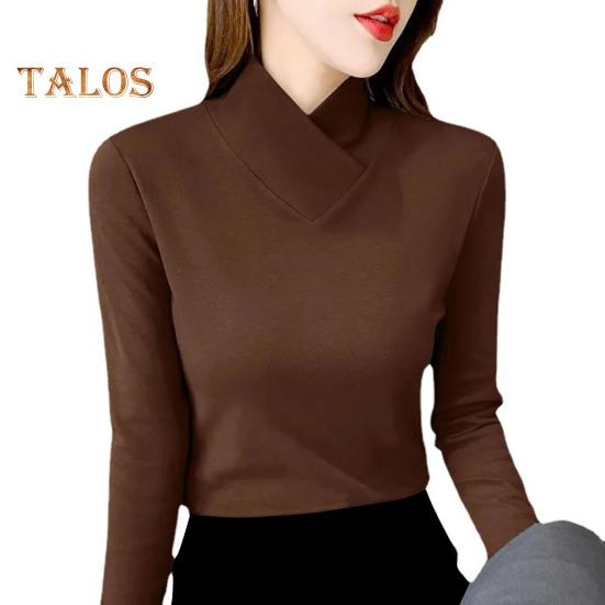 Damen-Oberteile, halbhoher Kragen, lange Ärmel, schmale Passform, weiche, dehnbare Pullover-Oberteile, einfarbiges Hemd mit einzigartigem Ausschnitt