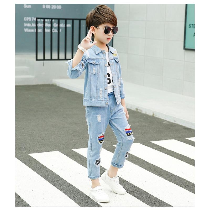 

Джинсовый детский костюм, куртка и брюки, комплект весна/осень, корейский стиль, трансграничная мода для мальчиков и девочек 130 синий