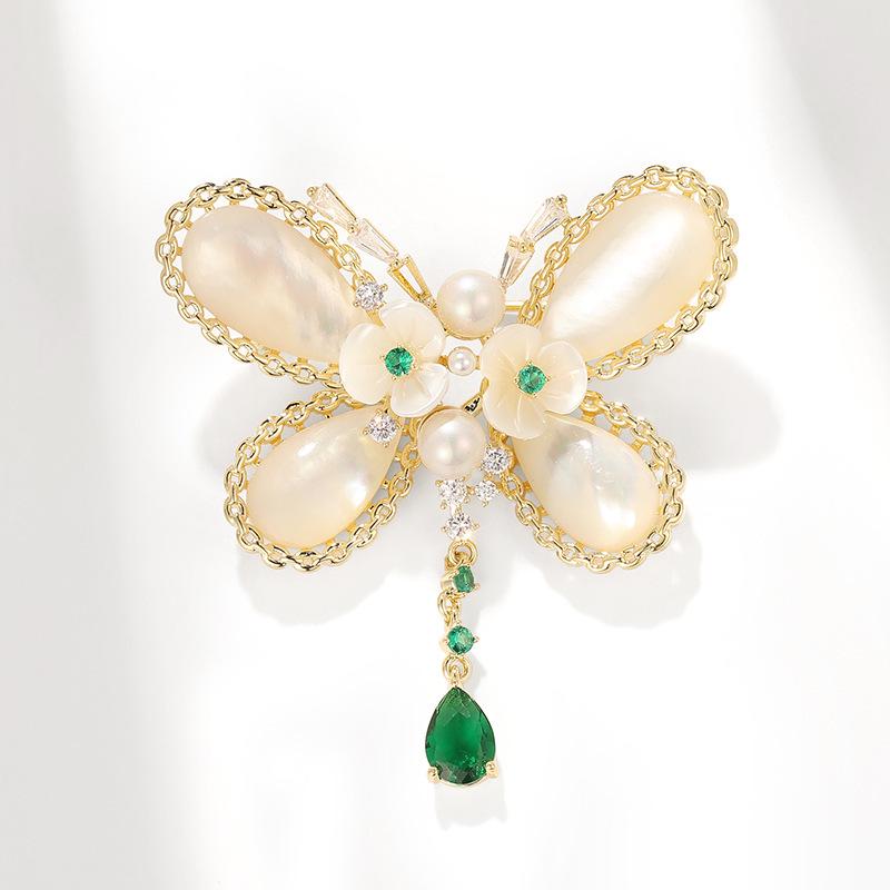 Exquisite Mother-of-Pearl Butterfly Brooch with Natural Pearl and Zirconia Accents
