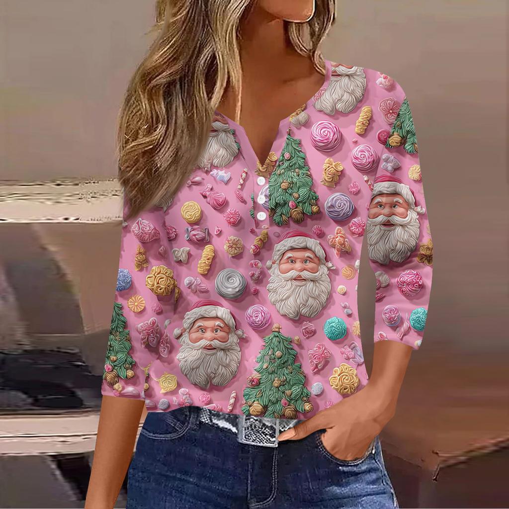 Dámský ležérní módní top s výstřihem do V, volný, všestranný, s vánočním potiskem, tříčtvrteční rukáv