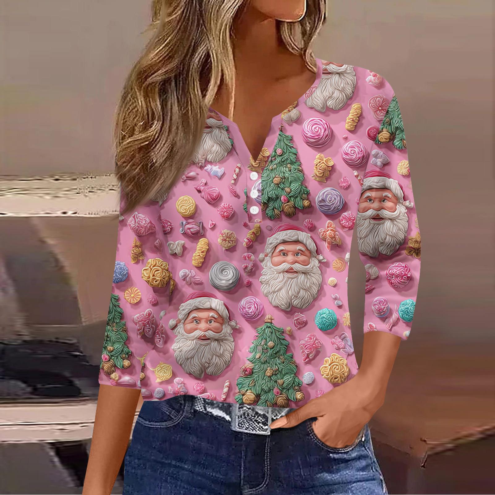 

Женский повседневный модный топ с V-образным вырезом, свободного кроя, универсальный, с рождественским принтом, рукав три четверти XL розовый