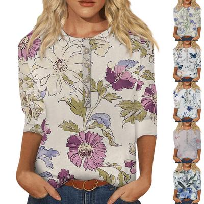 Women's Fashion Casual 3/4 Sleeve Floral Button Printed Round Neck Pullover Top Casual Clothing