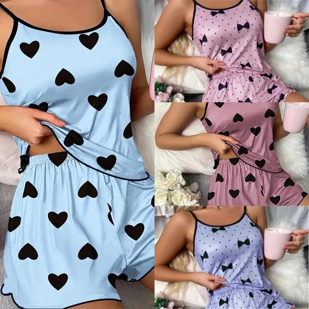 Set pijama dama pijamale tricouri pantaloni scurți roz în formă de inimă cu imprimeu tricou cu gât rotund Top din mătase de gheață Confortabil ocazional vară