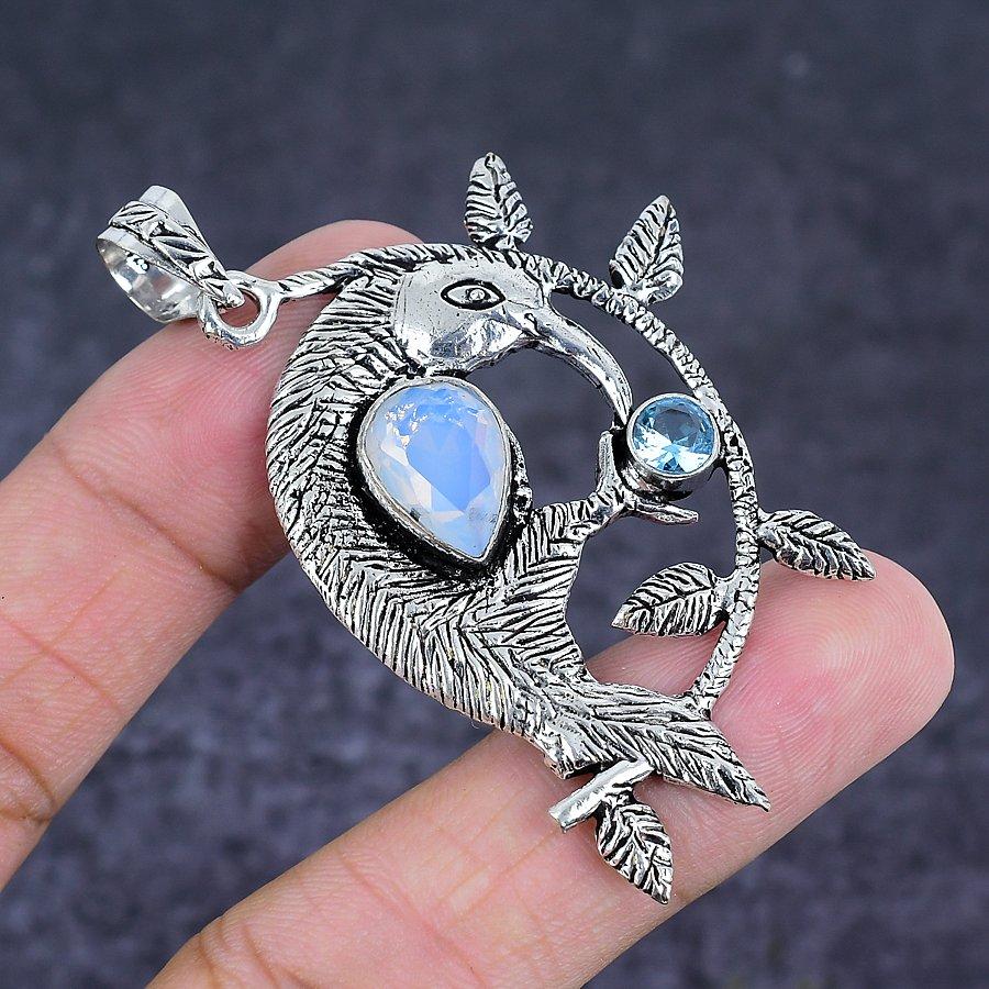 Milky Opal, Topaz Handmade 925 Sterling Silver Jewelry Pendant 2.56" Z4E18