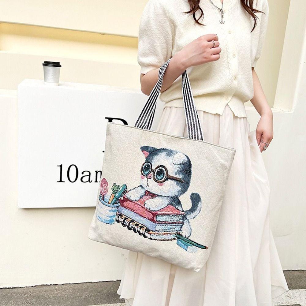 Canvas Cute Cat Cloth Bag Large Capacity Animal Shoulder Bag Ethnic Style Handbag  Storage Bag