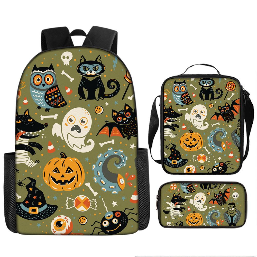 Halloween Backpack Pumpkin Ghost 3-Piece Set Schoolbag Kids Shoulder Bag Cute Bookbag for Boys Girls