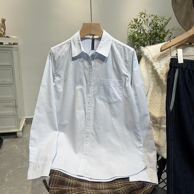 Women s Striped Drop Shoulder Cotton Top - Casual Luxury Workwear for Spring & Autumn. L (suitable for 105-118 Jin)