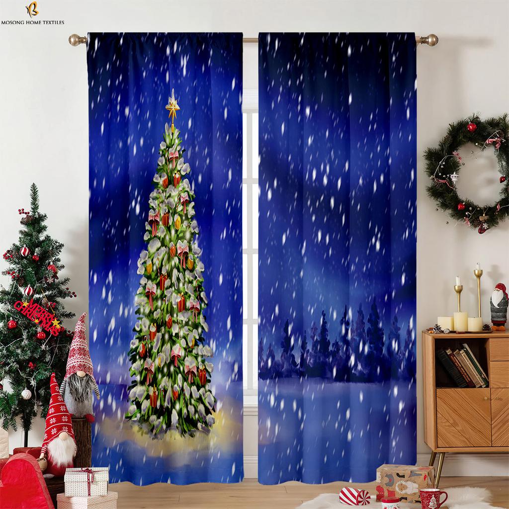 Vintage Red Plaid Christmas Pattern Printed Curtains Fireplace Christmas Tree Decoration Curtains Restaurant Party Decoration