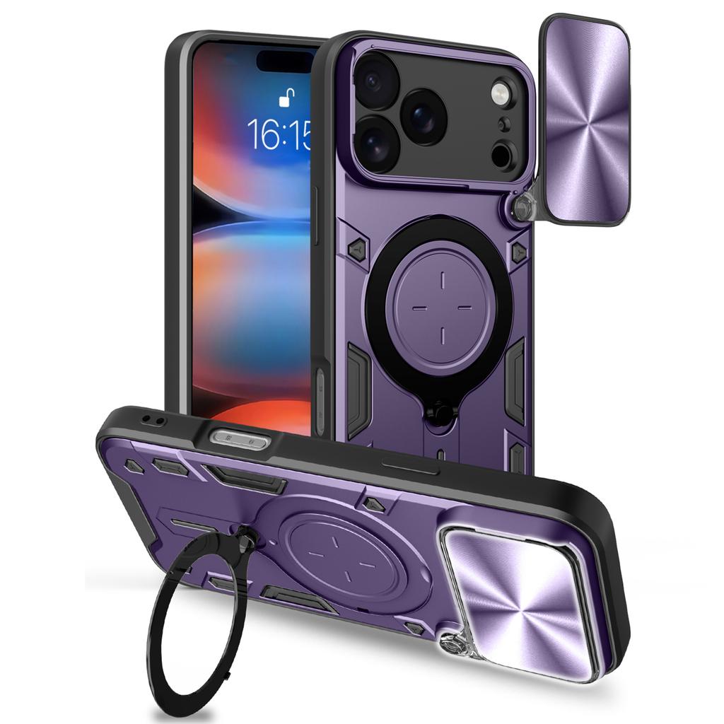 For iPhone 17 Pro Max Case TPU + PC Phone Cover with Kickstand , Slide Lens Window