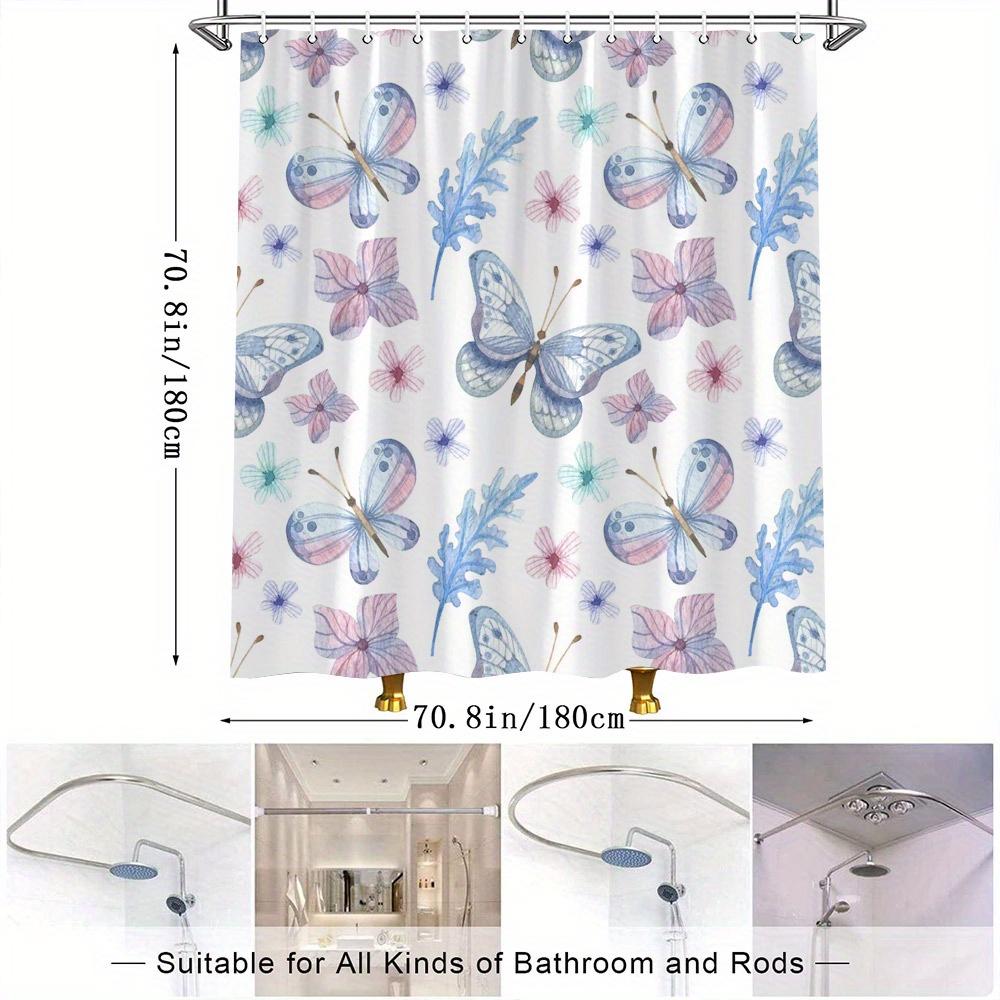 1pc Blue Pink Butterfly & Floral Watercolor Shower Curtain - Soft Pastel Design, Elegant Bathroom Decor for Bathtub