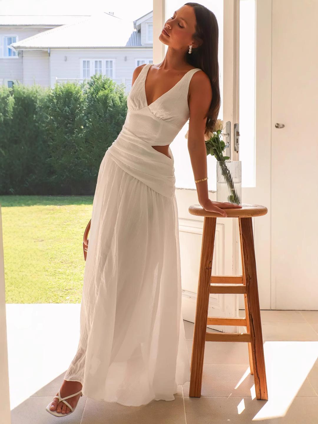 

Elegant White Deep V Neck Sleeveless Long Dress with Waist Cutout Design S белый