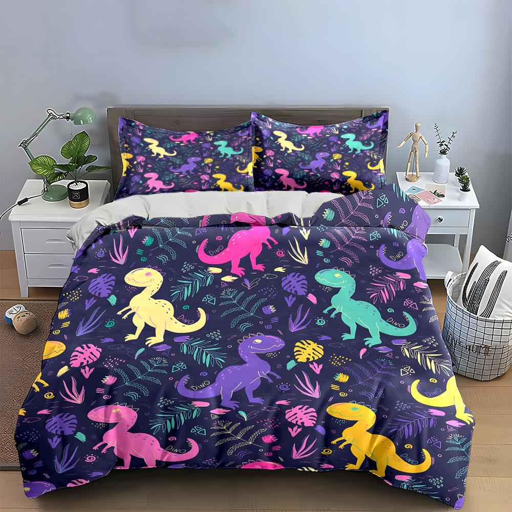 Buntes Dinosaurier-Muster Set Bettwäsche Bettbezug-Set (1*Bettbezug 2*Kissenbezüge, ohne Bettdecke)