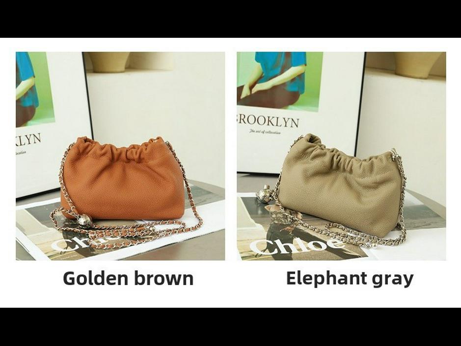Women's Genuine Leather Cloud Pleated Shoulder Bag with Golden Ball Detail