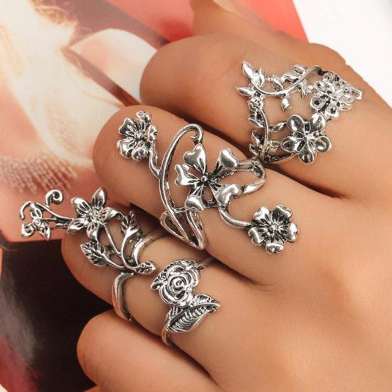 7 Pcs Vintage Women Hollow Carving Lotus Flower Waterdrop Knuckle Midi Rings Set