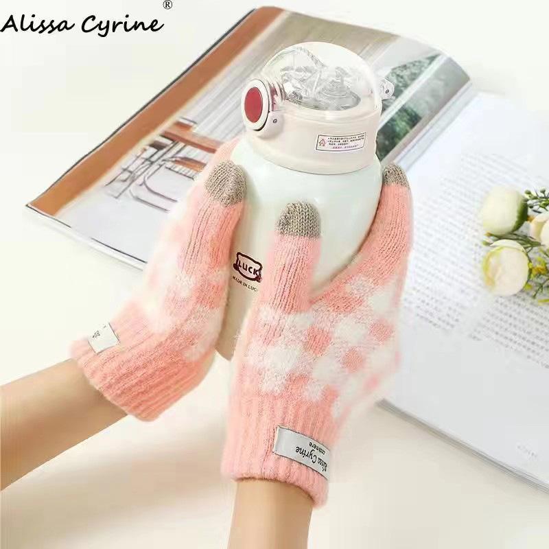 New Autumn and Winter Products, Plus Velvet and Thickened Full-finger Warm Plaid Gloves, Fashionable and Trendy Touch-screen Knitted Gloves