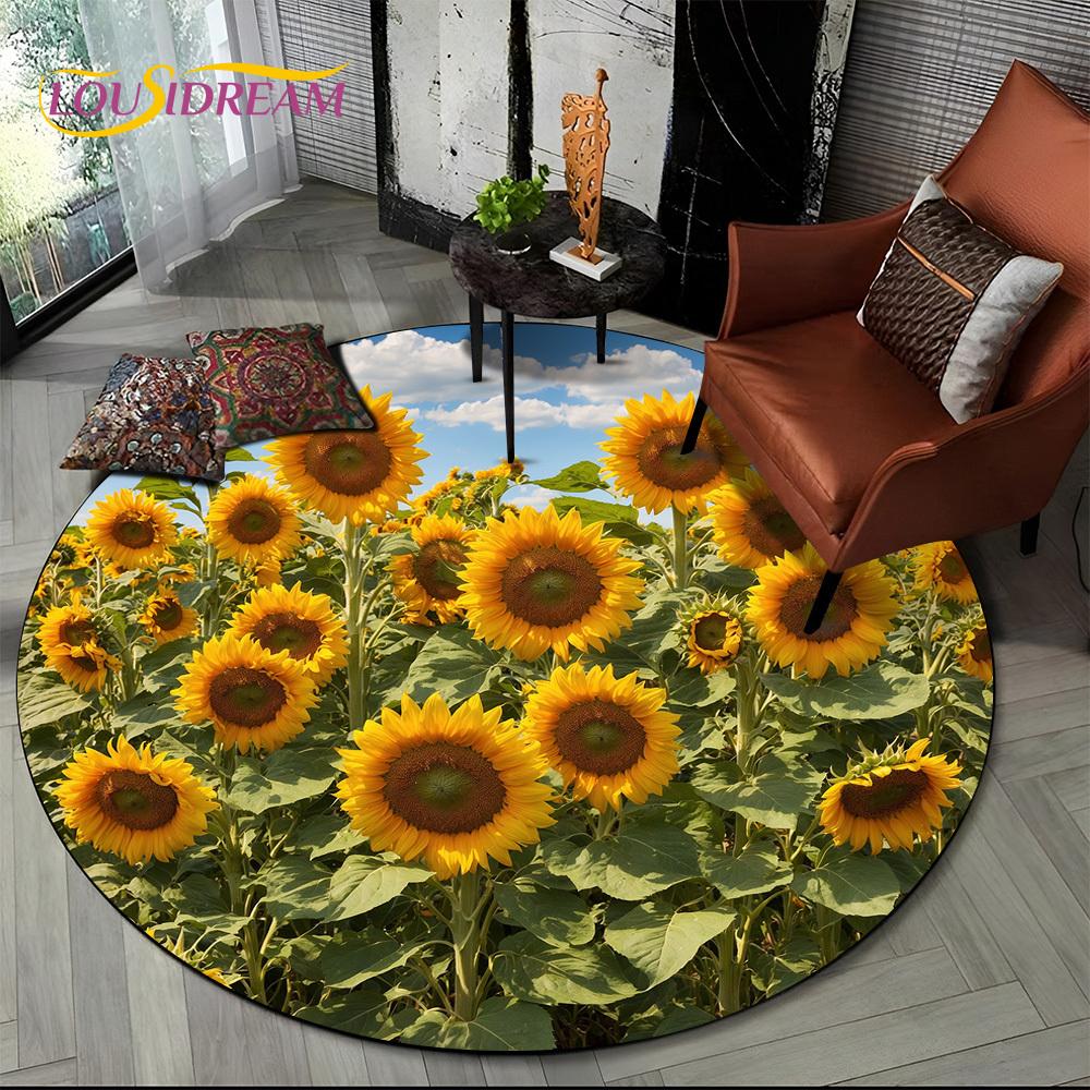Luxuriöser Sonnenblumen 3D Rosen Nordische Gänseblümchen Runder Teppich Teppich für Wohnzimmer Schlafzimmer Sofa Dekor, Kinderbereich Teppich Rutschfeste Bodenmatte Geschenk