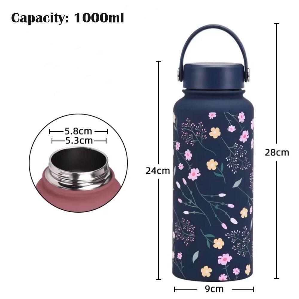 1000ml Stainless Steel Insulated Bottle Thickened Large Capacity Sports Water Bottle Wide Mouth with Handle Printed Cup