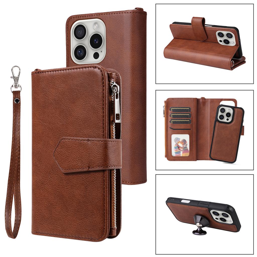 For iPhone 16 Pro Magnetic Leather Case Mobile Cover with Detachable Zipper Wallet Strap