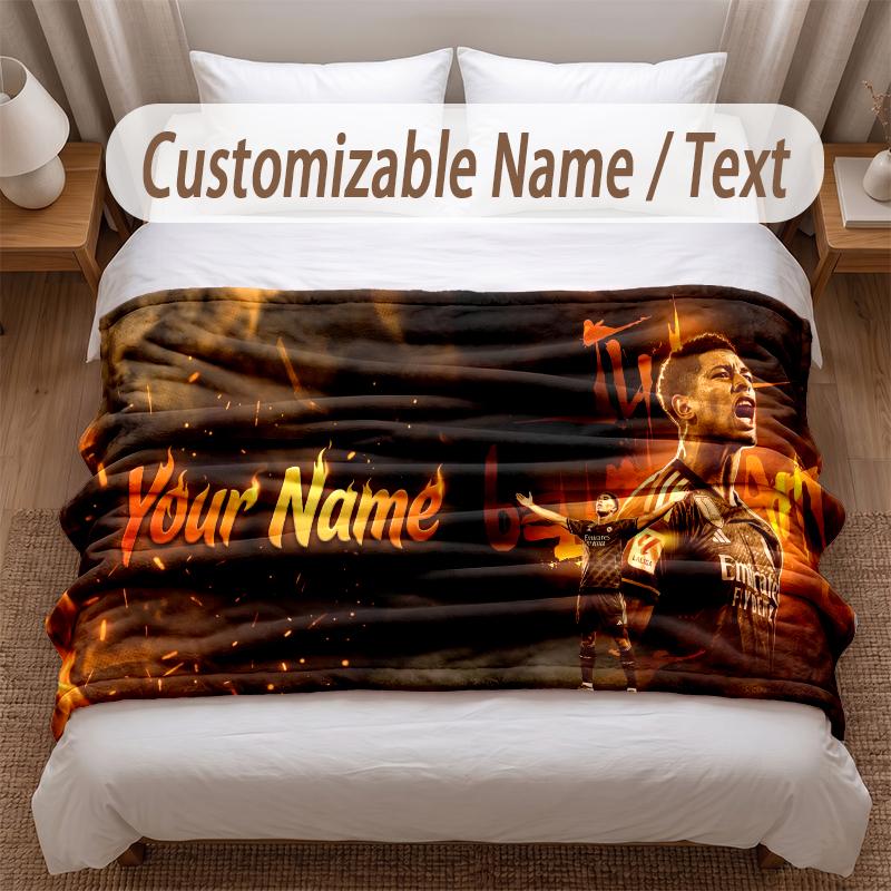 Jude Bellingham Printed Flannel Blanket Custom Name Text Soft Warm Throw For Bedroom Holiday Gift
