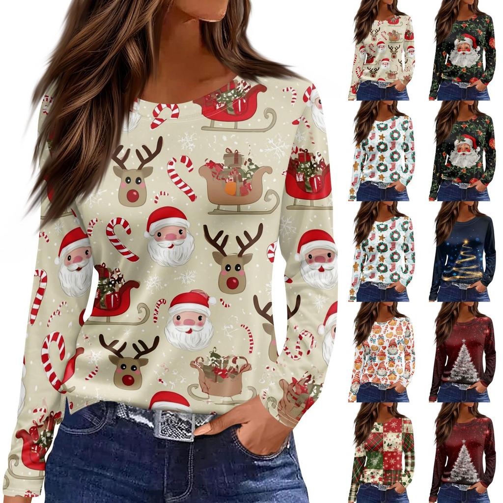 Women's Christmas Print Long Sleeve Top with Round Neck and Side Slit Hem Festive Holiday Blouse