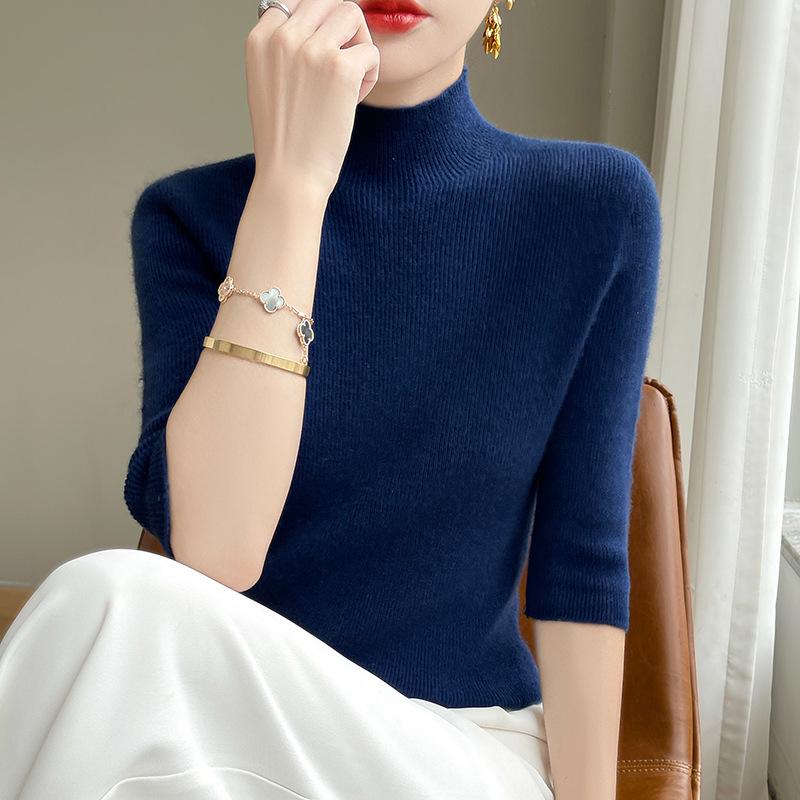 2025 Spring Women's Slim-Fit Mid-Neck Knitted Top with Five-Point Sleeves