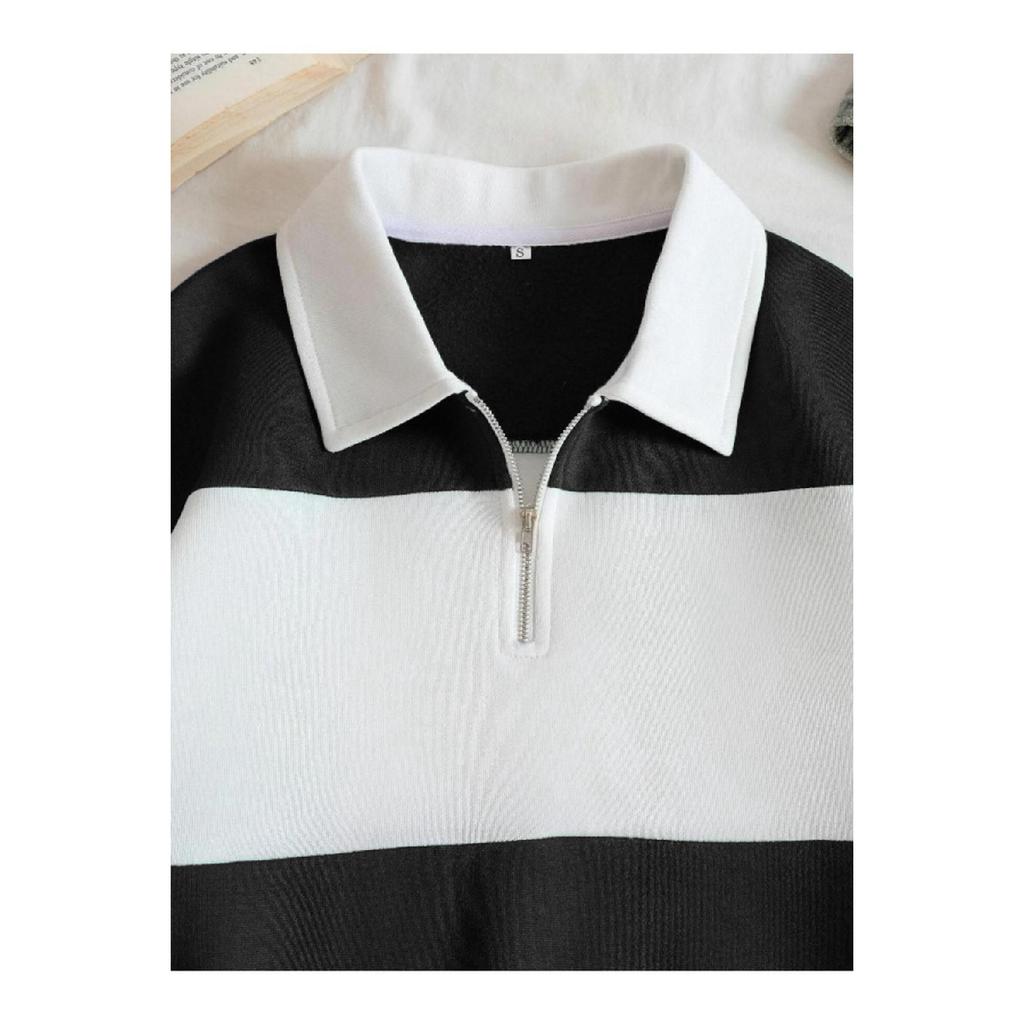 Unisex Green Striped Oversize Polo Neck Half Zipper Sweatshirt